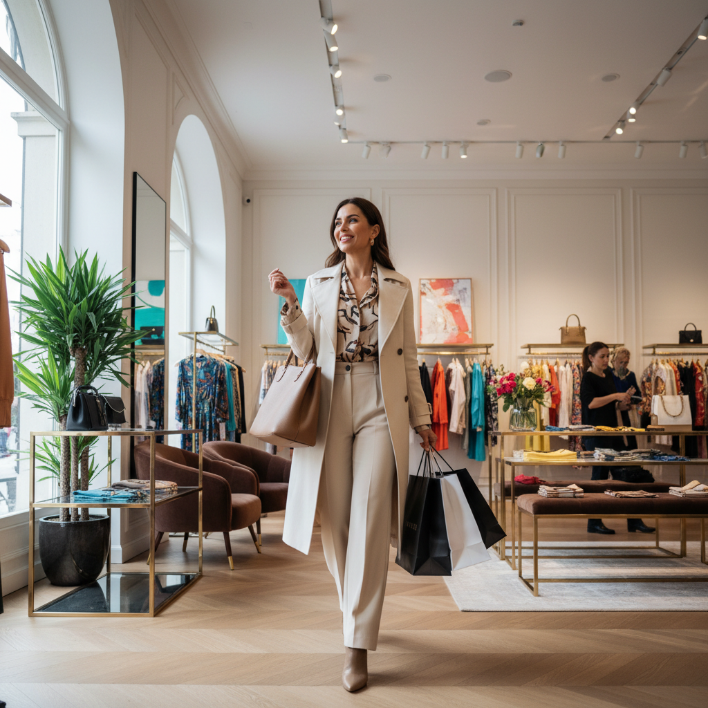 Woman browsing through elegant clothing rack in warm-lit boutique, dim atmospheric interior, dark wood and cream tones, moody fashion retail environment