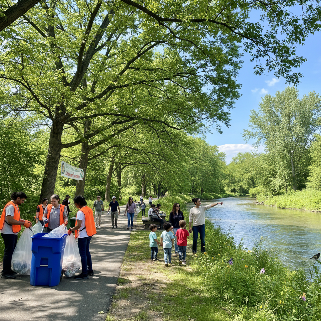 Volunteers in orange vests working together on a neighborhood street cleanup, bright morning light