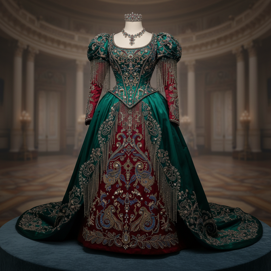 Full-length period costume for Gilded Ruin network series showing elaborate beadwork and silk construction