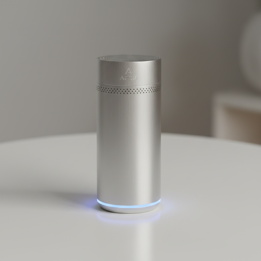 White cylindrical smart air purifier on wooden table in bright living room