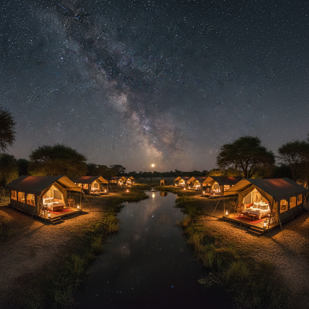 Luxury tented camp at night with lanterns glowing under starry African sky in Hwange