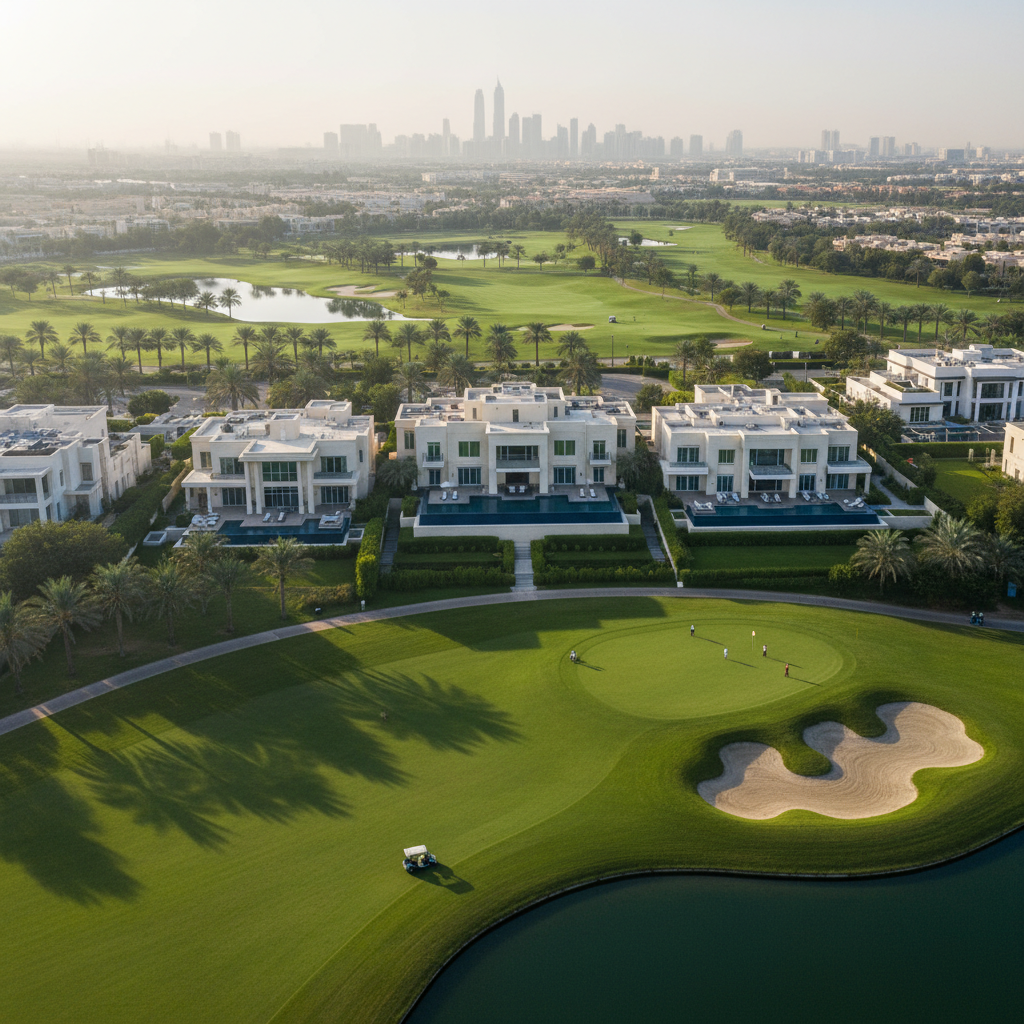 Lush green mixed-use development with lagoon and luxury villas in MBR City