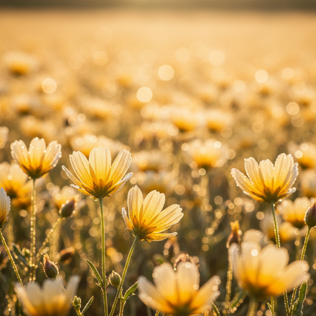Blurry golden wildflowers shot by a young camper with shallow depth of field