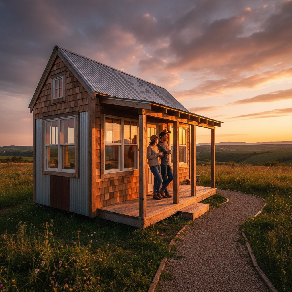 Finished tiny house glowing warm at golden hour, couple standing on the small porch