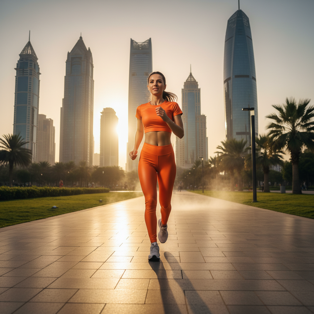 Athletic woman running on mountain trail at golden hour, determined expression, rugged terrain background