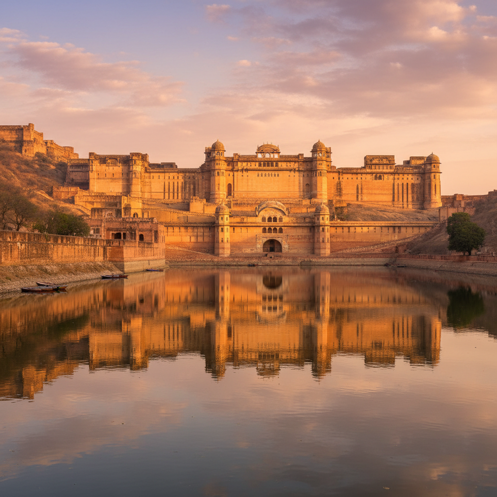 Amber Fort Jaipur illuminated at sunset with golden light on sandstone walls and lake below