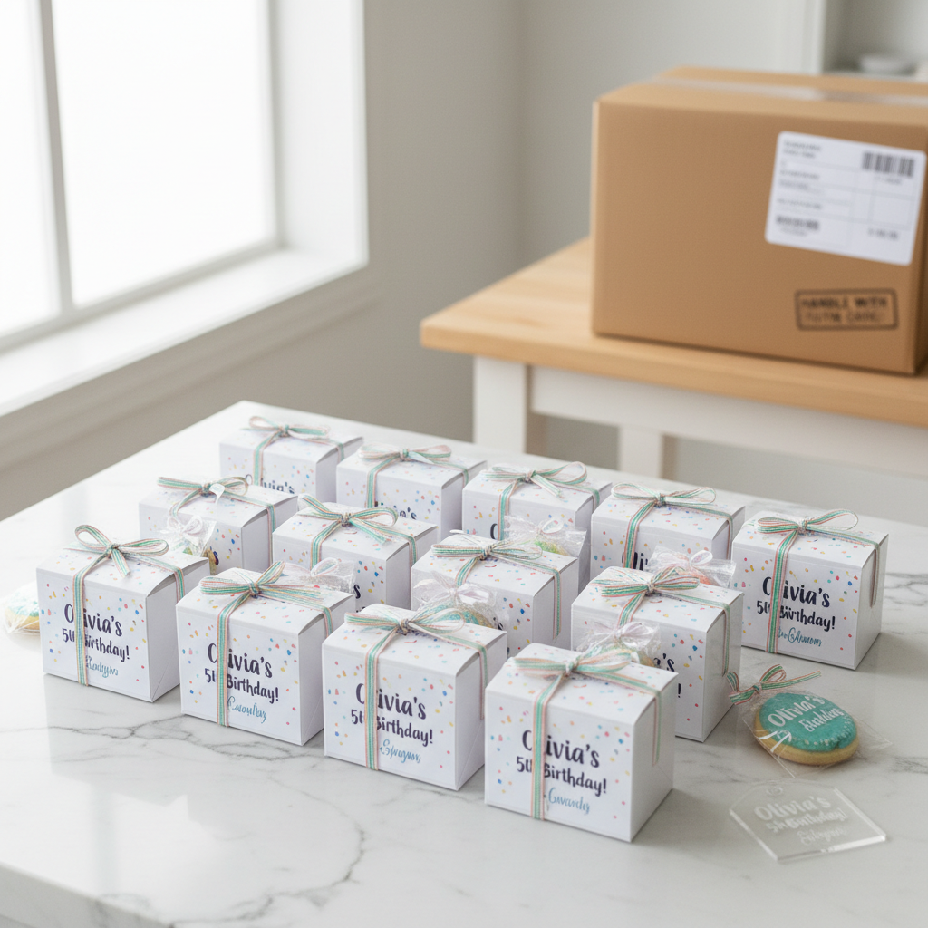Finished personalised party favours packaged and ready for delivery in bright airy light