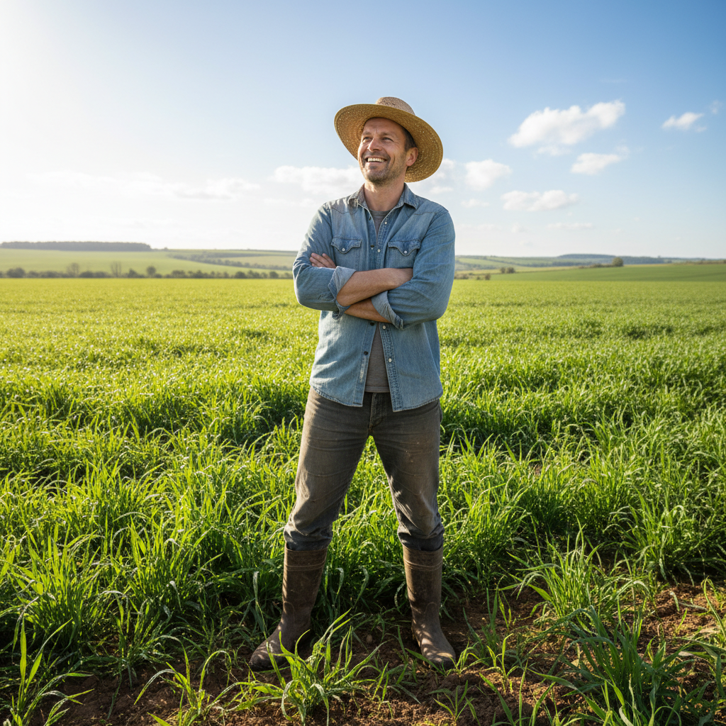 Male farmer with warm smile standing in a sunlit field, natural outdoor setting