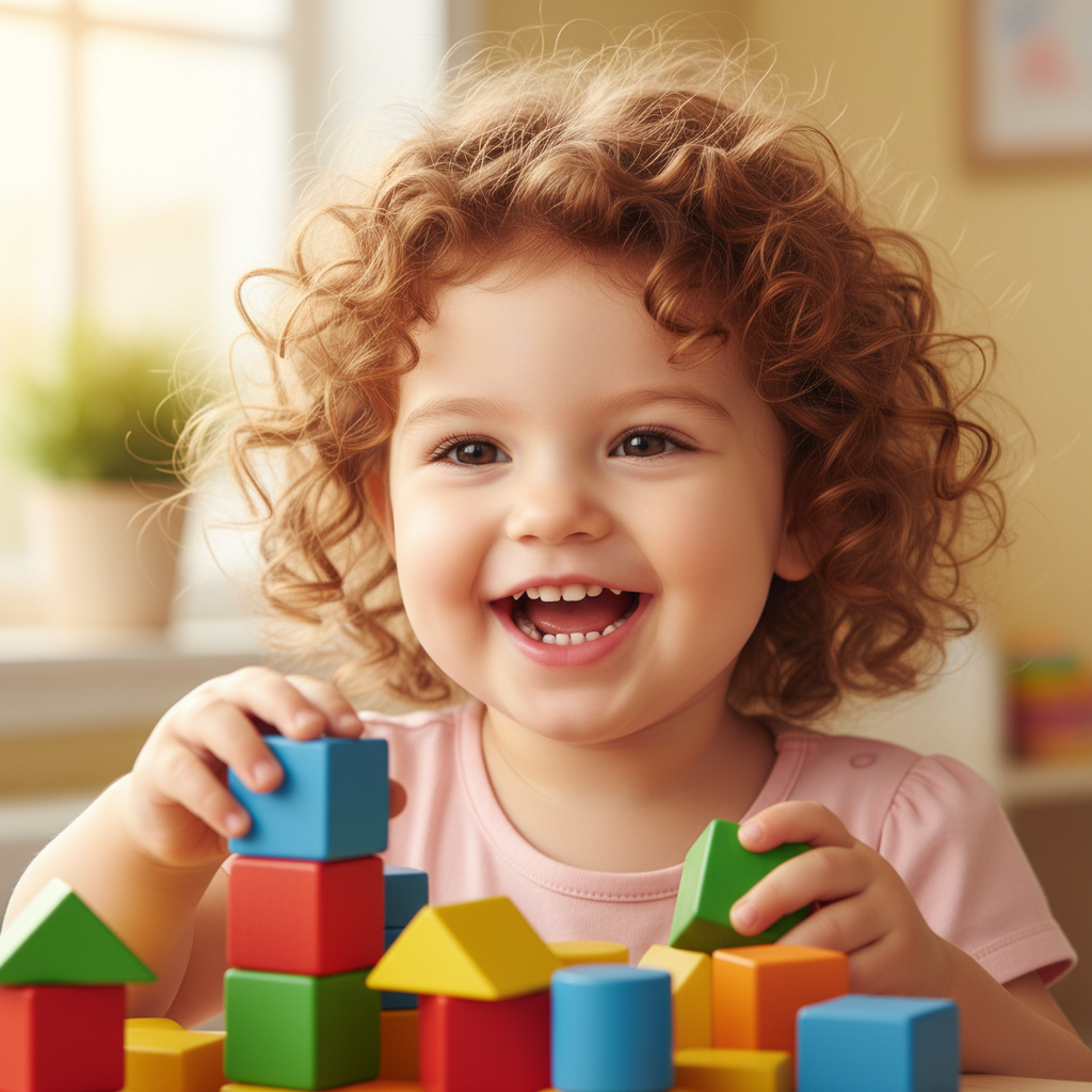 Smiling toddler girl with curly hair playing with colorful blocks