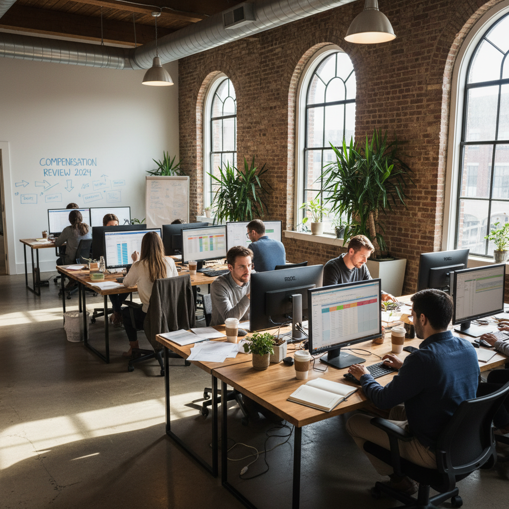 Nonprofit office with people working at desks reviewing compensation data