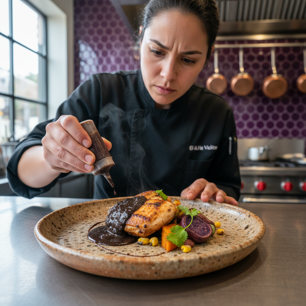 Chef Daniela Reyes in Mesa kitchen, plating mole negro on speckled stoneware, open kitchen visible behind her with purple tile backsplash