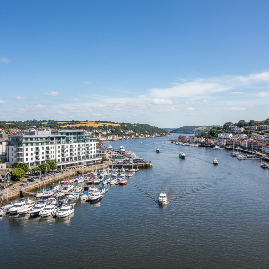 Dart Marina Hotel on the banks of the River Dart in Dartmouth, with the marina and river visible