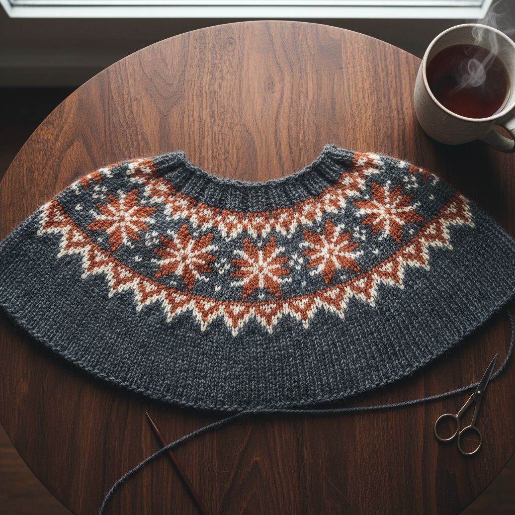 Overhead shot of colorwork yoke on dark walnut table showing Norwegian star pattern in rust and cream yarn