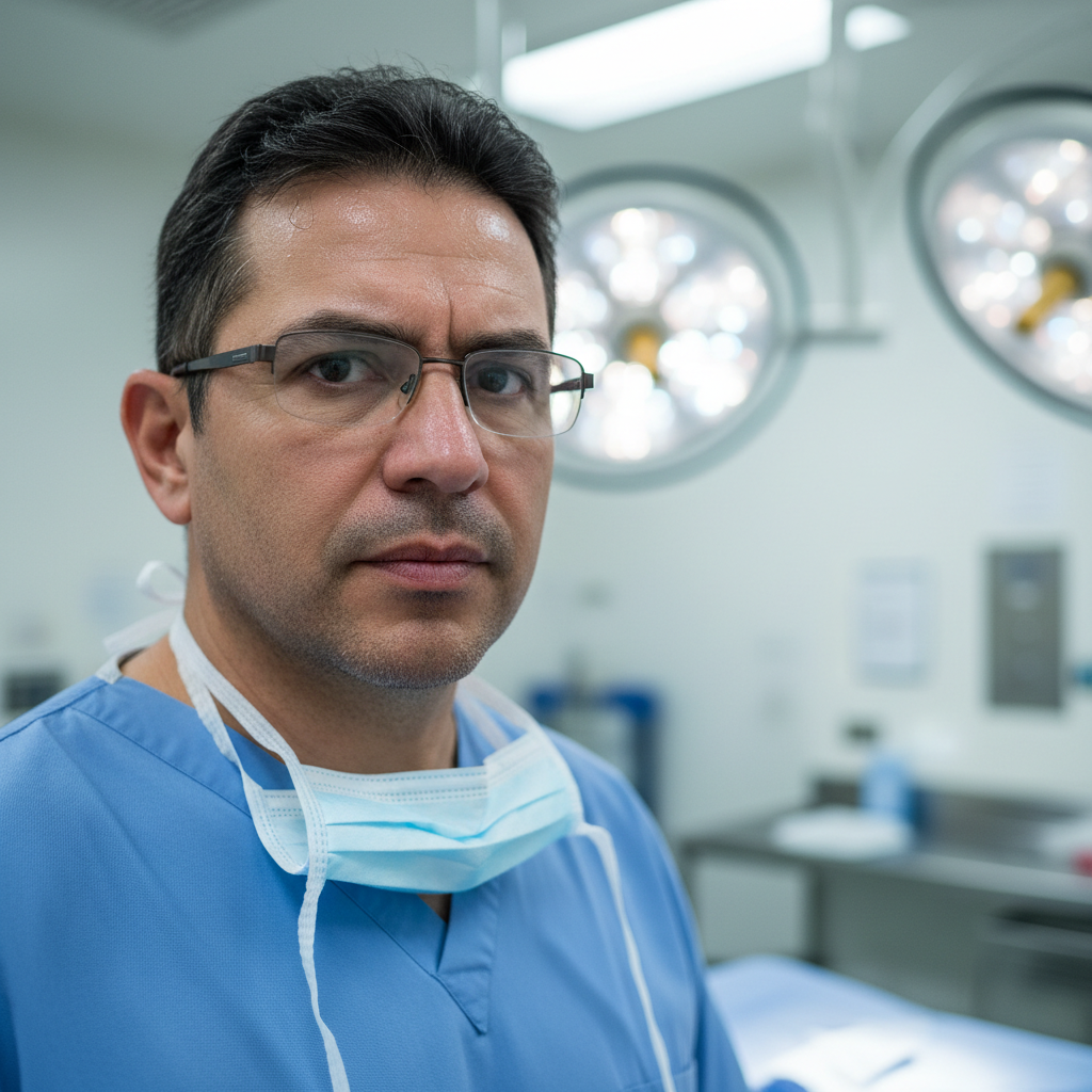 Male African American bariatric surgeon in surgical scrubs with stethoscope in hospital corridor
