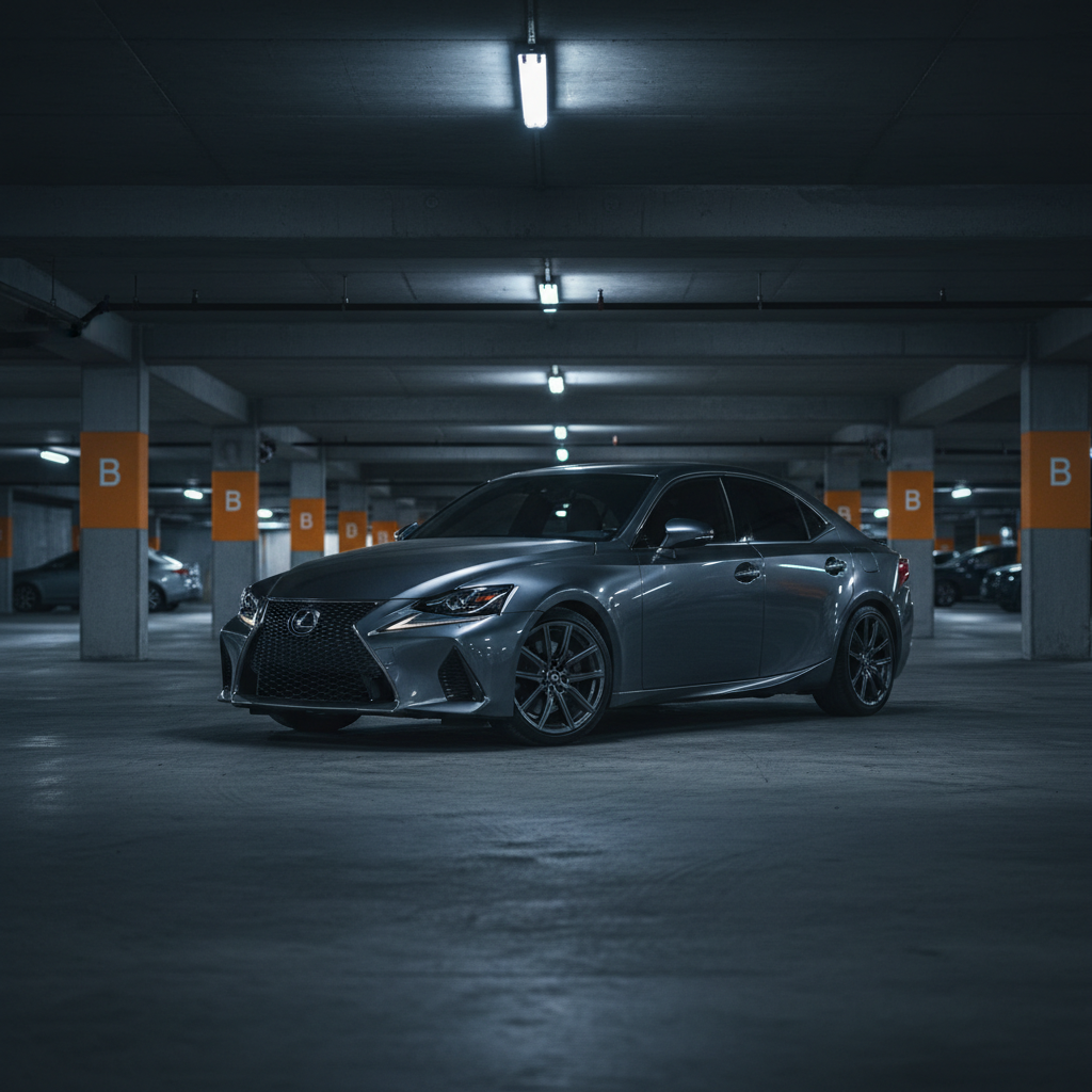 Stock Lexus IS500 in dim parking garage with factory exhaust and standard ride height