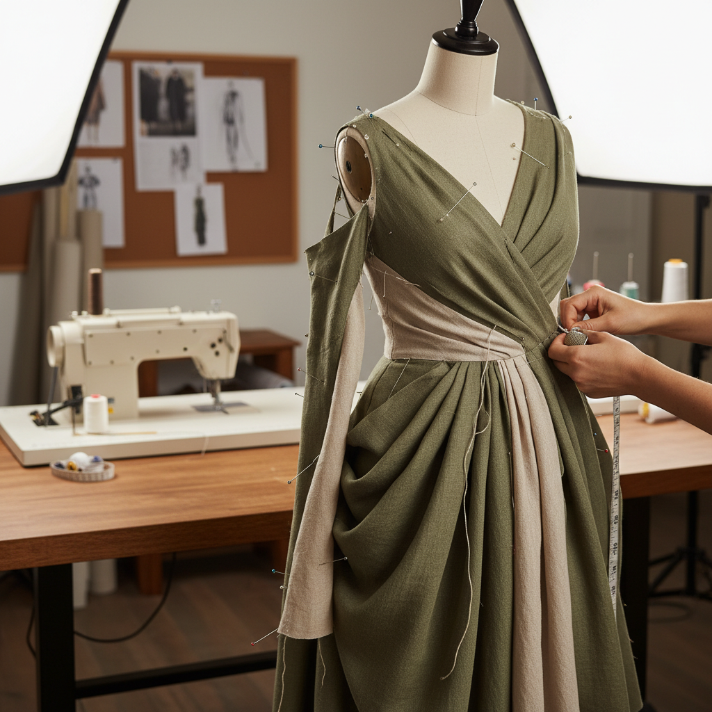 Dress form with a fitted garment showing shoulder adjustment pins