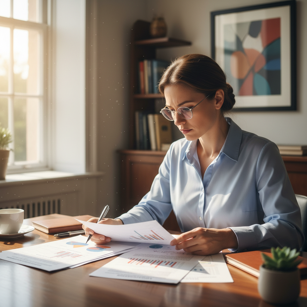 Person reviewing documents at a desk with a laptop, focused on analyzing important papers in a professional setting