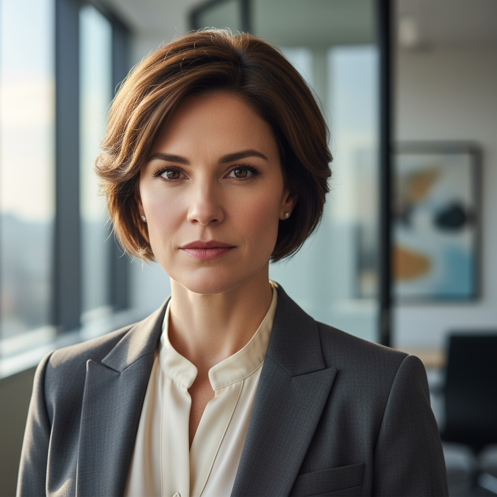 Professional woman with dark hair in corporate setting