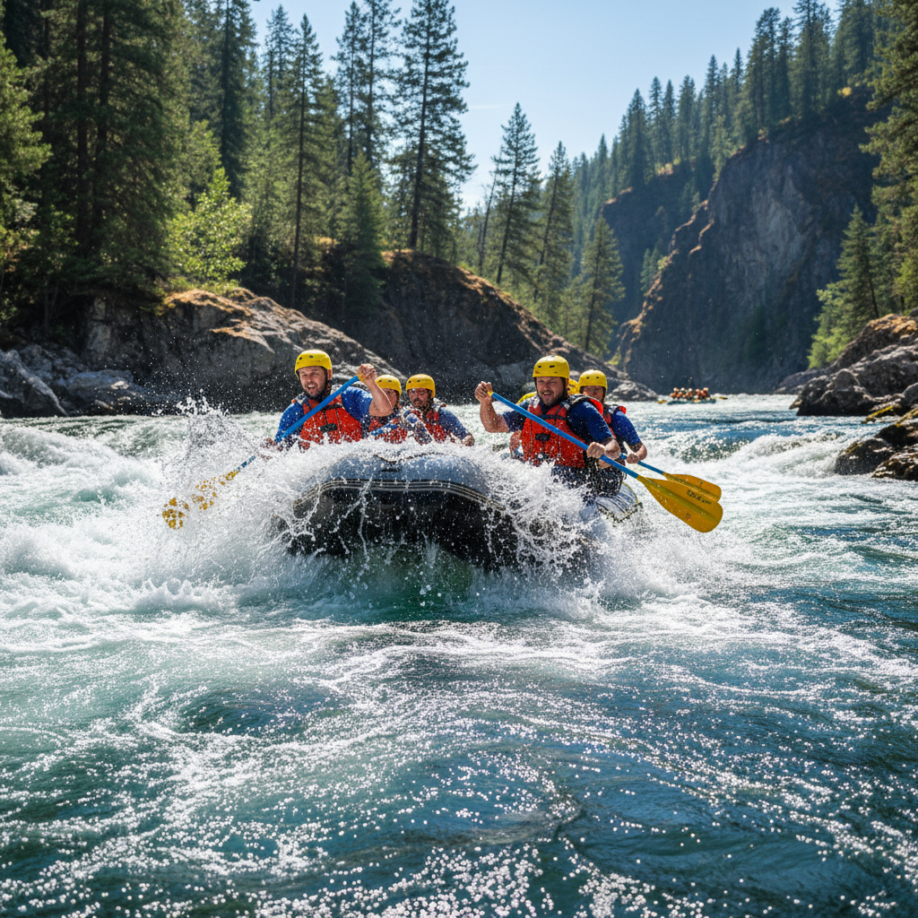 White water rafting on Una River with professional guide and safety equipment in Bosnia canyon