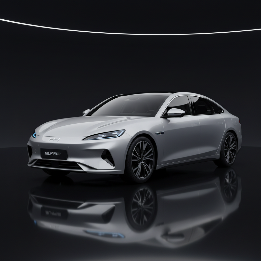 White electric flagship sedan on dark studio floor with blue lighting