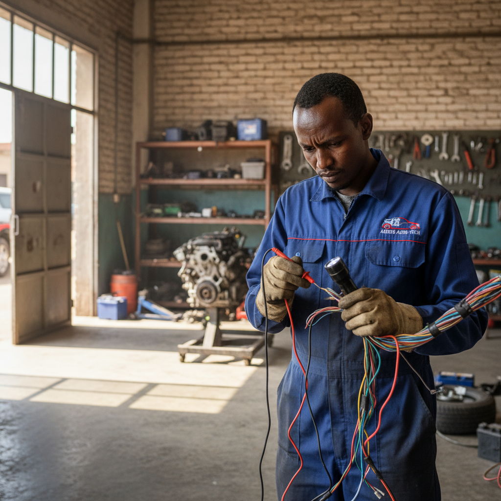 Ethiopian auto electrical specialist diagnosing vehicle wiring at Tehetna Garage