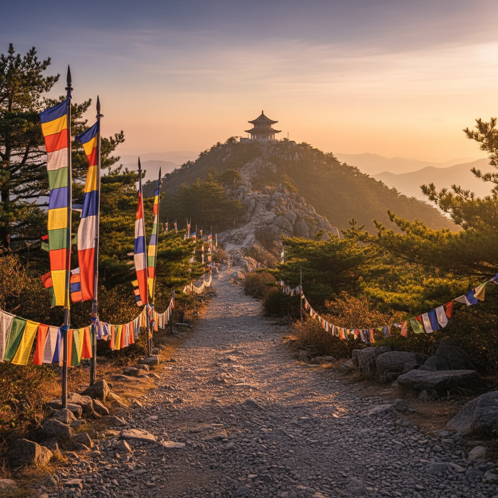 Mountain trail curving toward a distant temple at golden hour with prayer flags in the foreground
