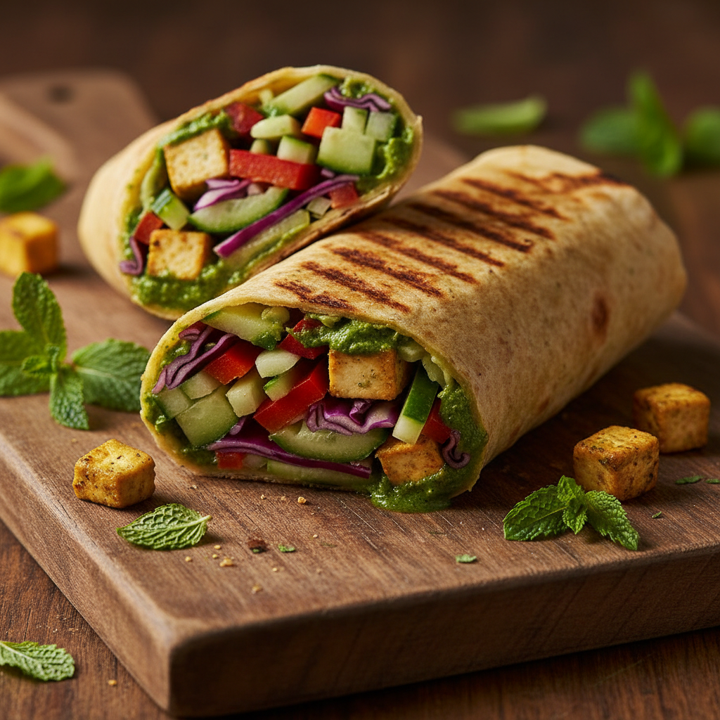 Paneer Tikka Frankie — Grilled paneer tikka wrap, Indian café food photography with warm colours and appetising presentation