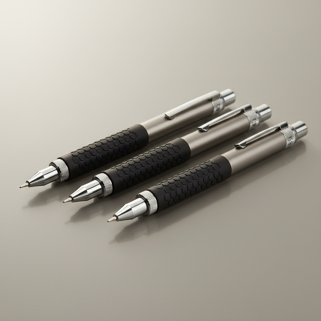Set of precision brass mechanical pens with vulcanized rubber grip sections arranged on dark slate surface
