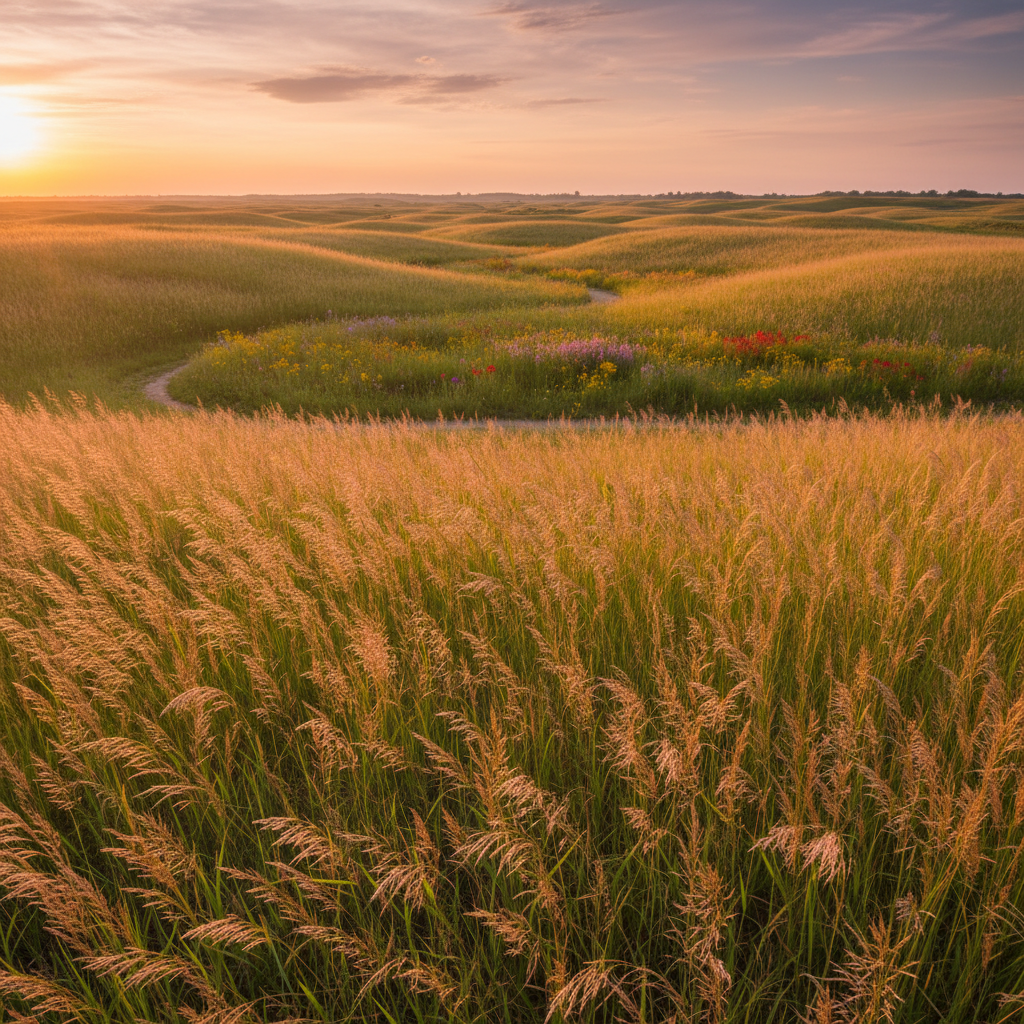 Native prairie restoration — ornamental grasses rippling in wind across rolling landscape at golden hour