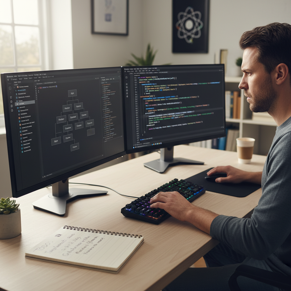 Web developer coding a React application on a large curved monitor