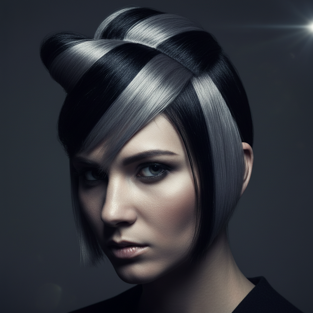 Moody editorial portrait showcasing ash and ink toned hair with dramatic studio lighting for Modern Salon