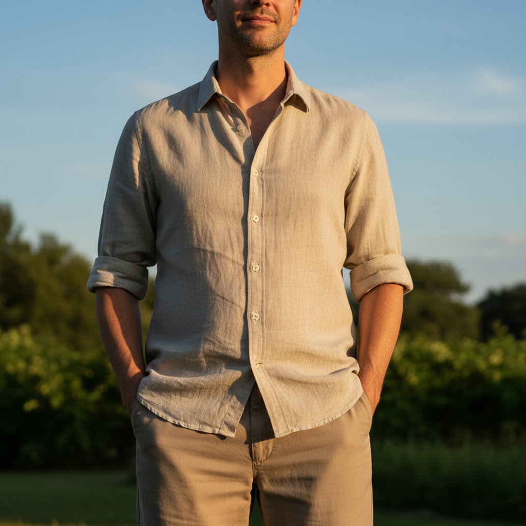 Man in relaxed fit jeans, outdoor casual setting natural light