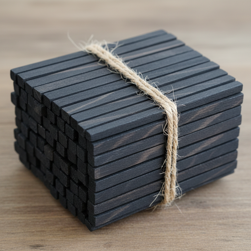Flat black ash splints stacked in a bundle with natural wood grain visible