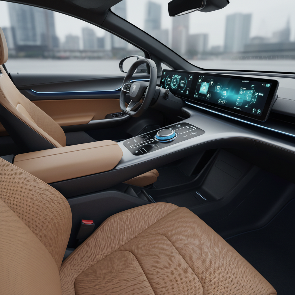Clean car interior, dark background, freshly detailed leather seats