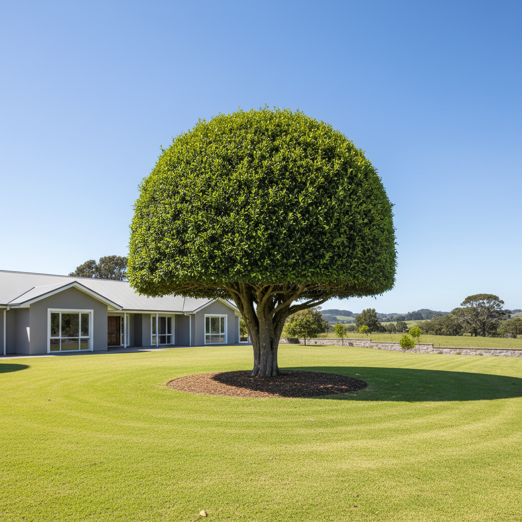 Professional cutting and trimming a small tree in a residential yard