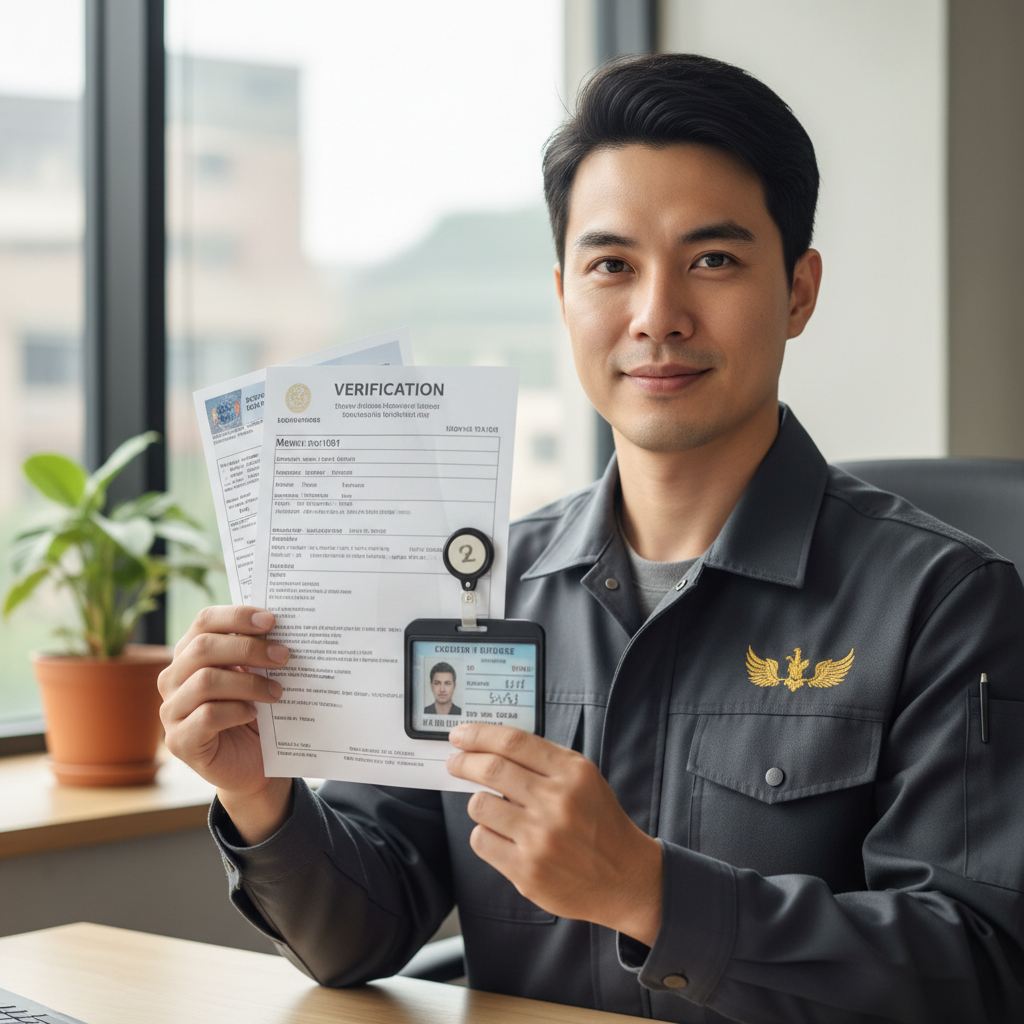 Driver in uniform holding verification documents, professional and trustworthy