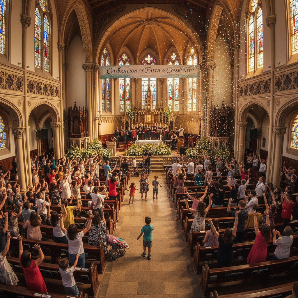 Congregation joyfully worshipping in a brightly lit church, diverse group with raised hands, warm golden light, celebratory atmosphere