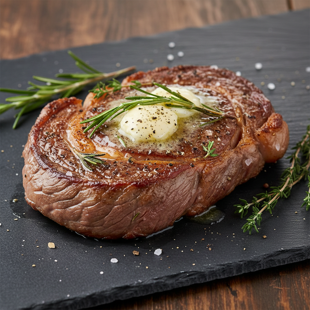 Thick dry-aged ribeye steak with golden crust and herb butter