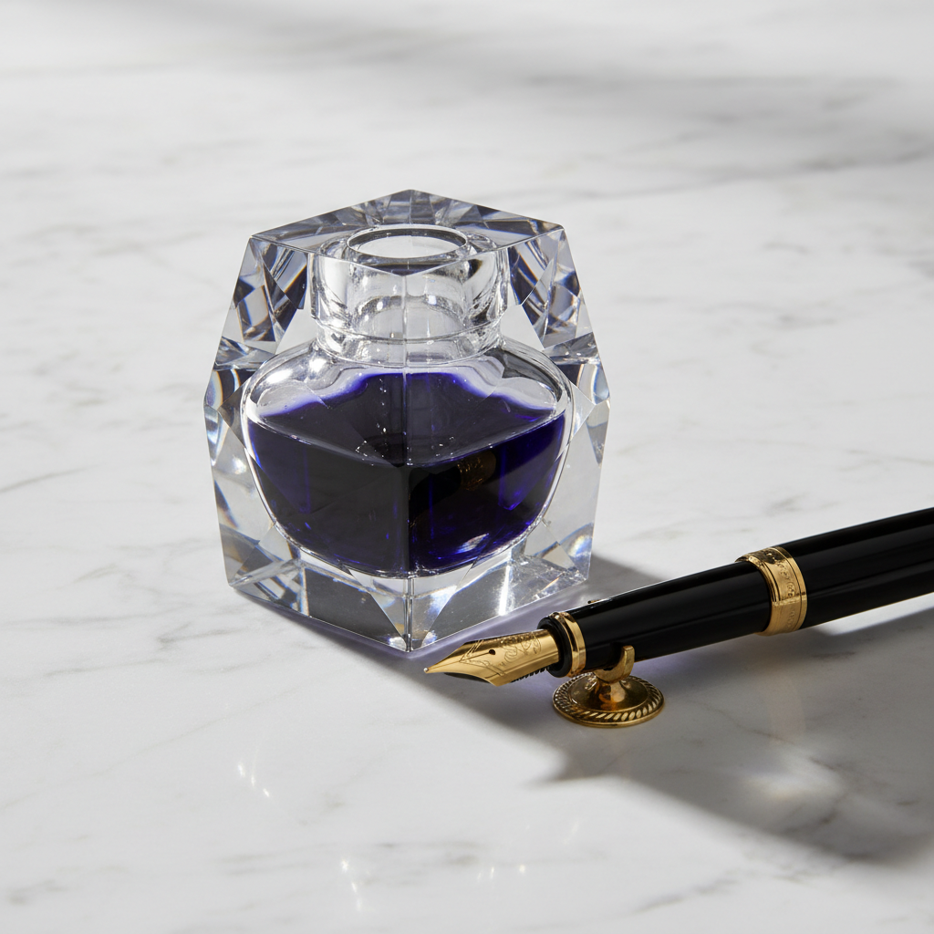 Faceted crystal inkwell with gold-nib fountain pen on white marble desk
