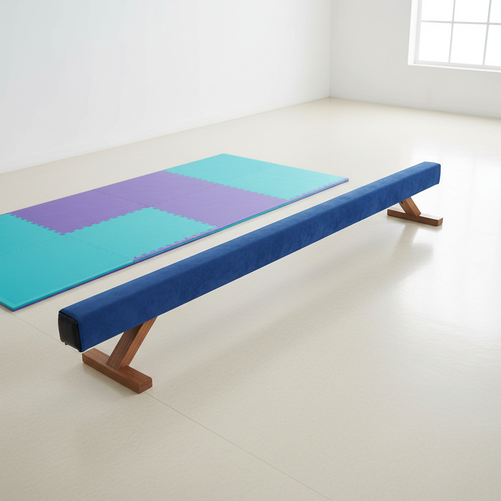 Gymnast balanced on a beam in a bright, airy gym with soft natural light