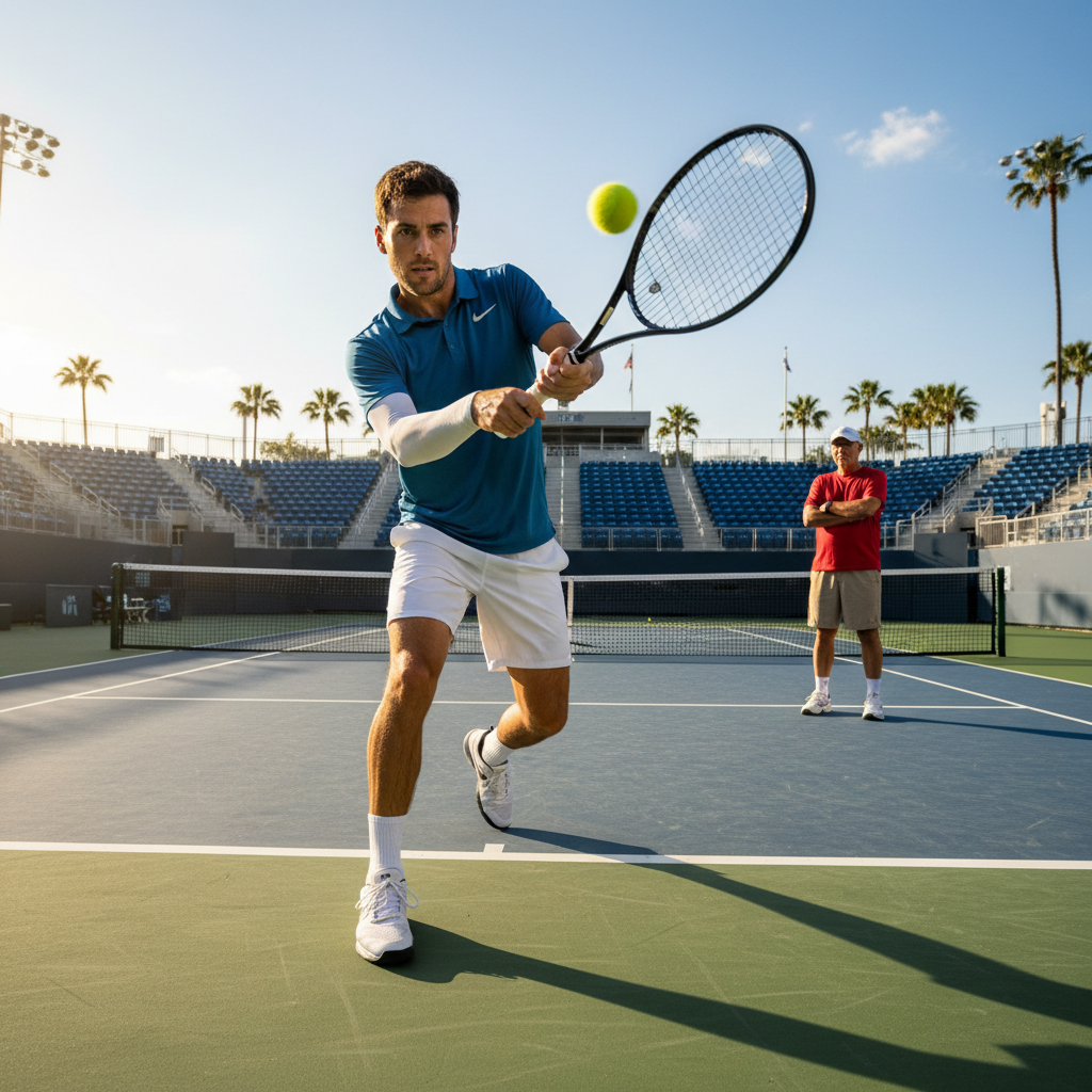 Tennis player drilling forehand mechanics on an empty hard court with coach