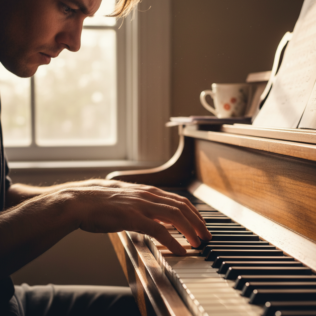 Harold focused at the piano keyboard, discovering a new chord