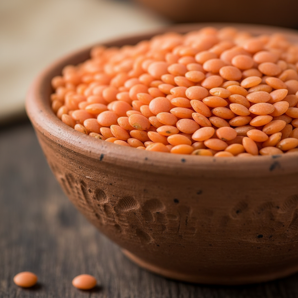 Red masoor lentils in white ceramic bowl on wooden surface