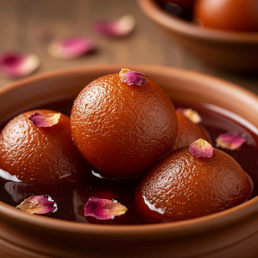 Gulab jamun in silver bowl with syrup, dark dessert photography, warm amber lighting, deep background shadows