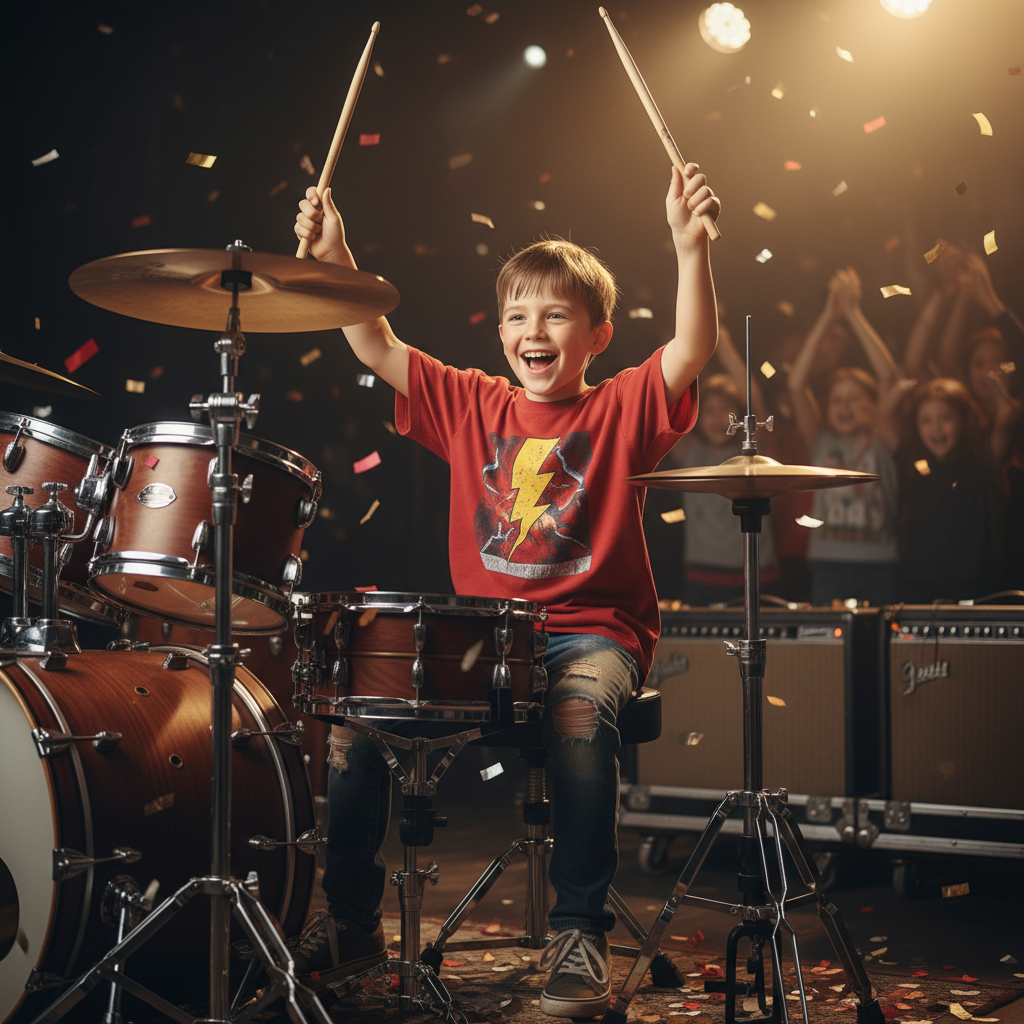 Kid with drumsticks raised triumphantly after solo