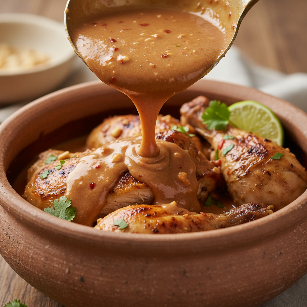 Close-up of rich groundnut sauce poured over tender chicken in a clay pot