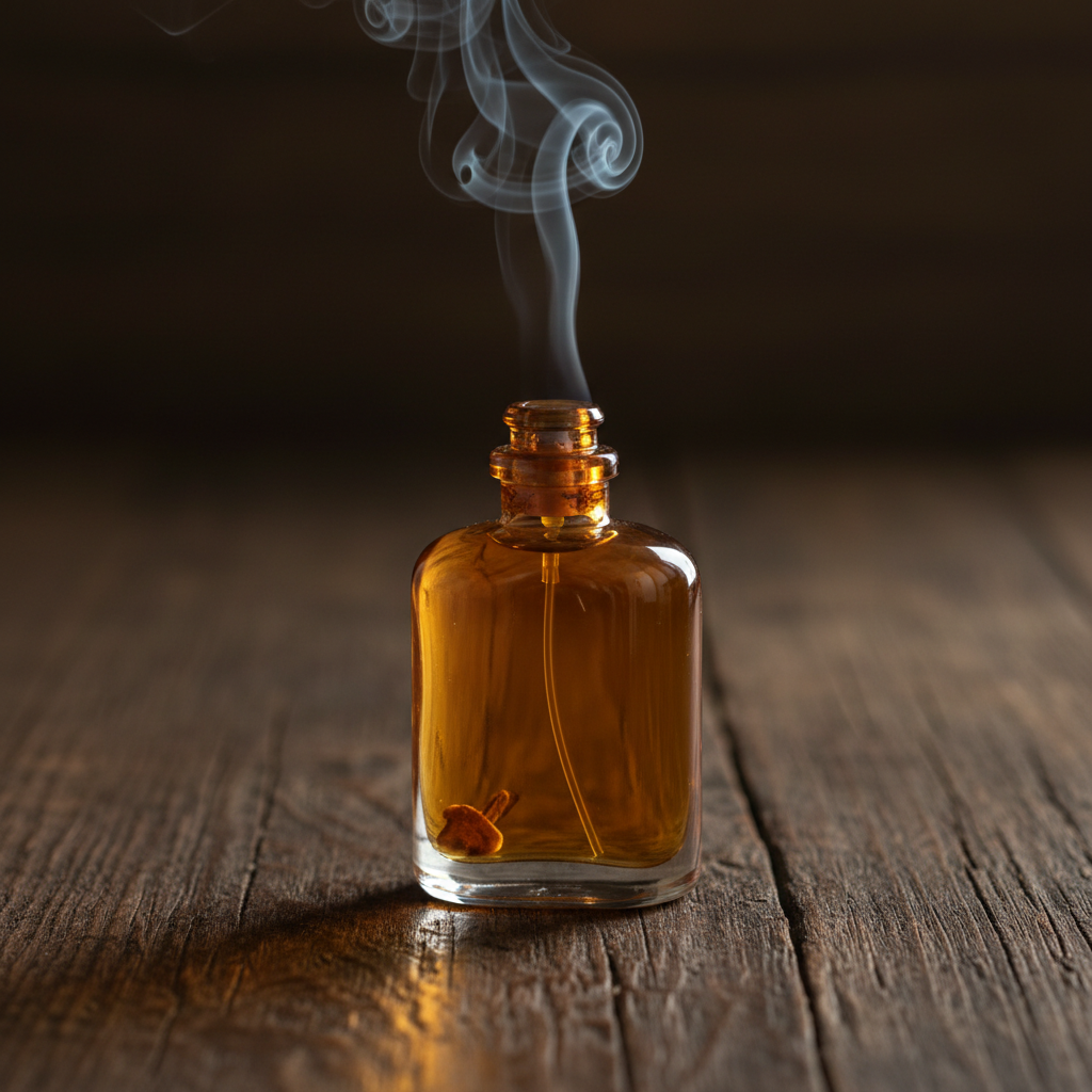 Amber ceremonial cocktail in clay vessel with marigold petals and copal smoke, candlelit altar-like setting