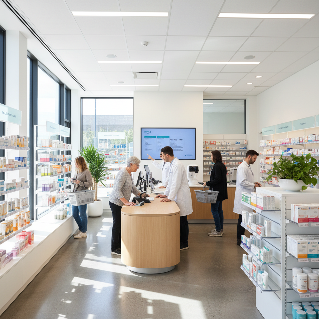 Pharmacist in modern pharmacy handing medicine to customer