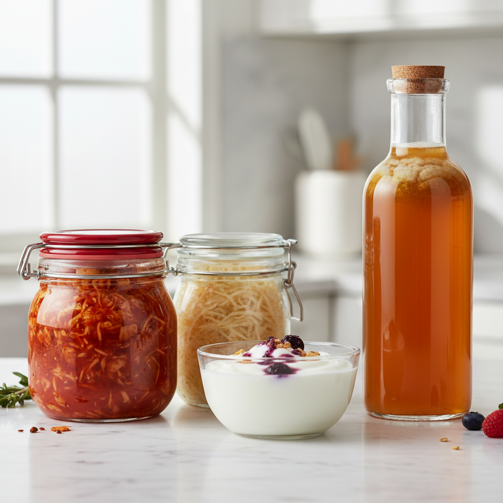 Fermented foods including yogurt, kimchi, and sourdough bread representing gut health nutrition