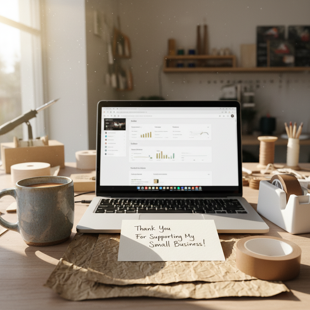Maker's workspace with laptop open to Shopify dashboard, packing tape, handwritten thank-you card on kraft tissue, ceramic mug in natural window light